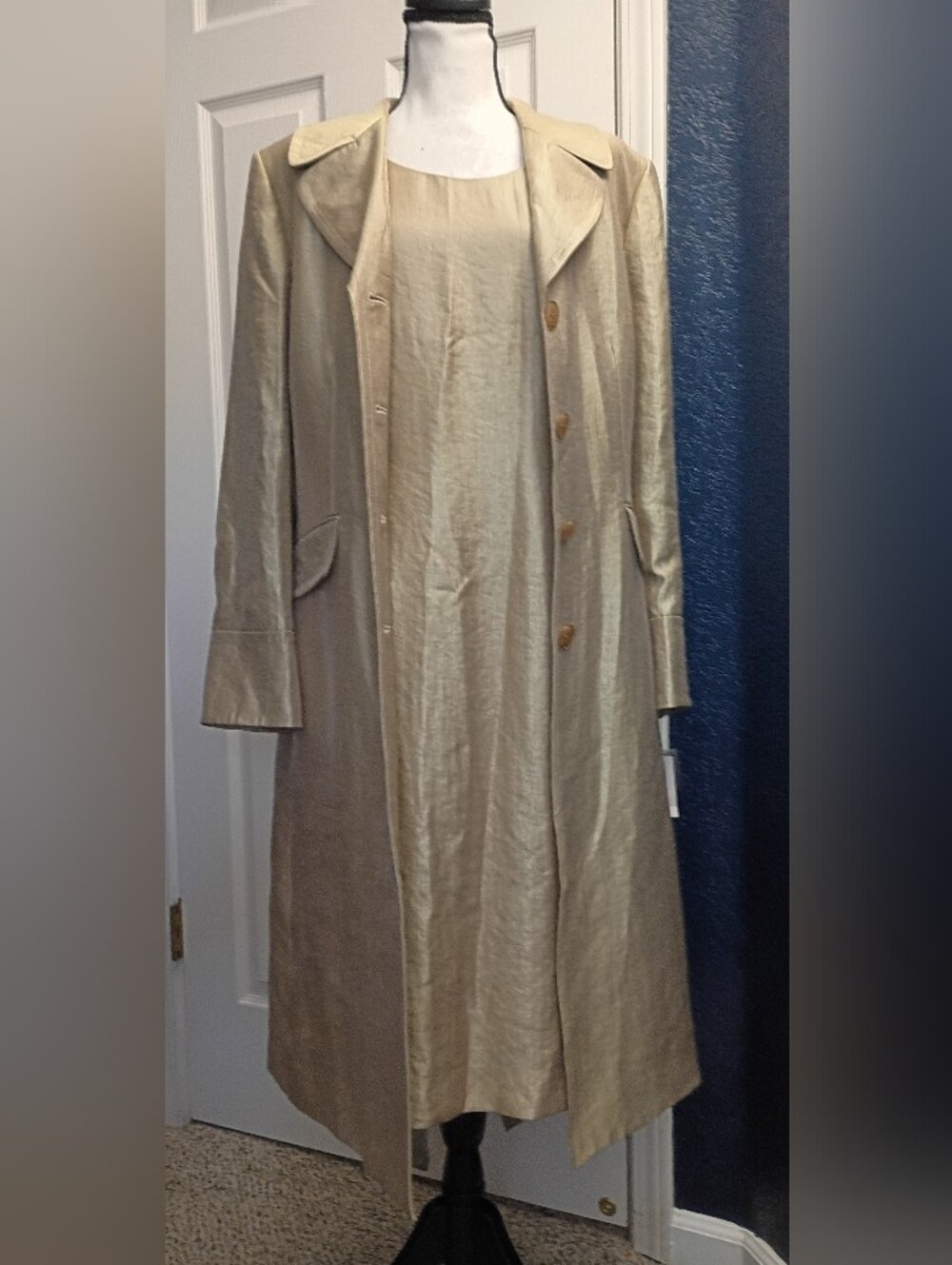 Kasper Metallic Gold Dress And Trench Coat with Belt Two Pieces Set